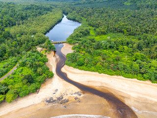 Tropical river mouth in São Tomé with sandy banks, dense jungle, and a small wooden bridge...