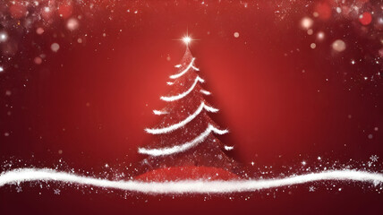 Glowing Christmas tree with sparkling lights on red background festive holiday illustration