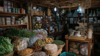 A store with many different types of food on display. Warm authentic of small grocery shop with overlay text “MSME”, suitable for NGO CSR editorial