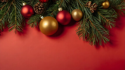 Festive Christmas background with pine cones, silver baubles, and holiday lights on red fabric