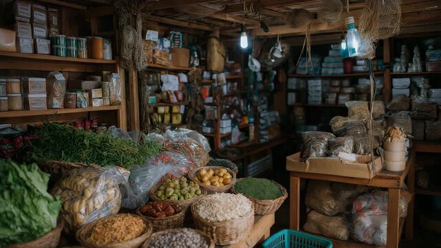 A store with many different types of food on display. Warm authentic of small grocery shop with overlay text &ldquo;MSME&rdquo;, suitable for NGO CSR editorial