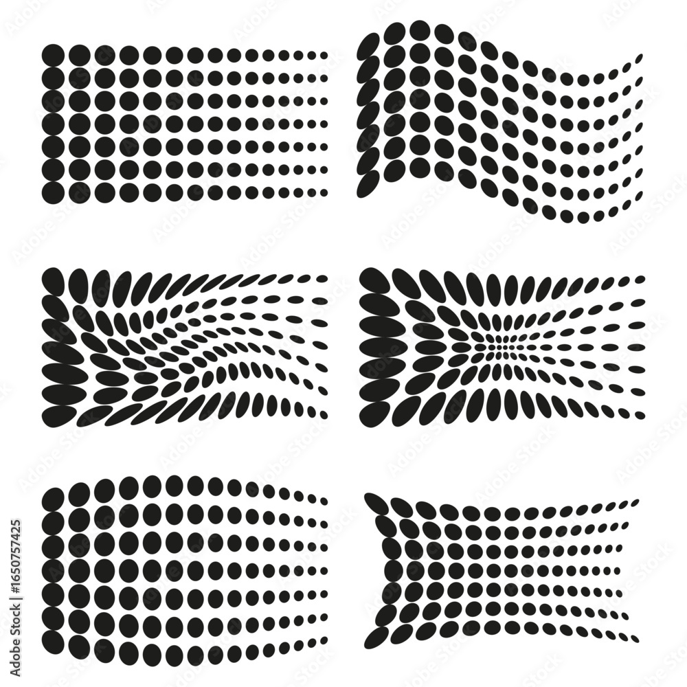 Poster set of distorted patterns. halftone dot backgrounds. wavy optical effect. vector grid illustration. 
