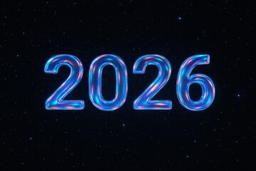 Holographic neon 2026 in starry space—futuristic art for New Year banners, posters, wallpapers, and greetings.