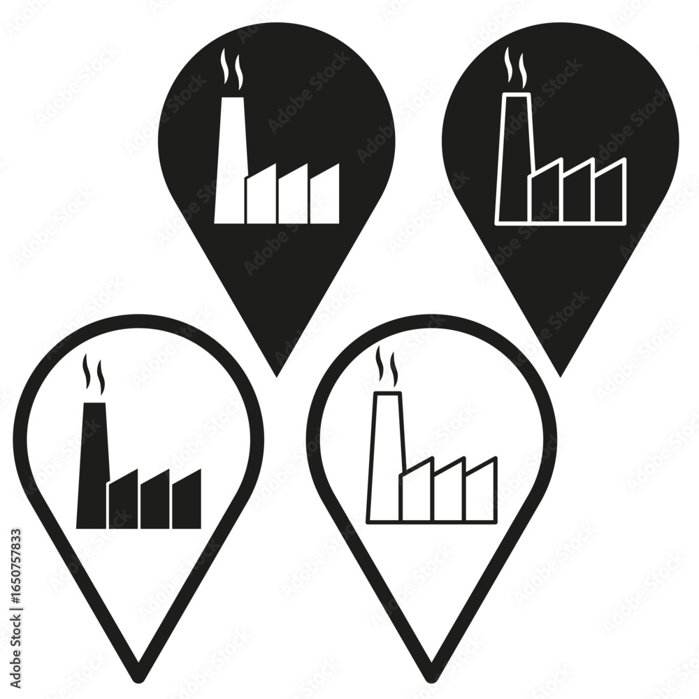 Poster two map pins. factory location symbol. industrial building icon. vector navigation element. eps 10.