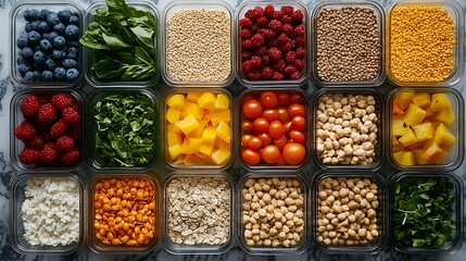 Overhead photo of organized weekly diet meal prep containers filled with colorful clean food 