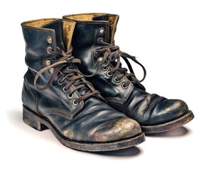 Worn black leather boots, pair, vintage style