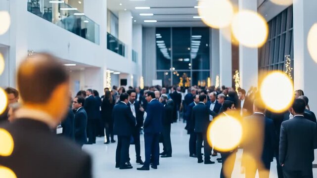 Dynamic View of Business Professionals Networking at a Modern Corporate Conference with Golden Bokeh Lights.