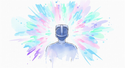 Watercolor painting of the back of a man experiencing VR