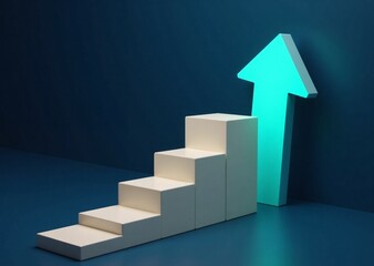 An illuminated upward arrow next to white steps on a dark blue backdrop, symbolizing progress, achievement, and ascent.