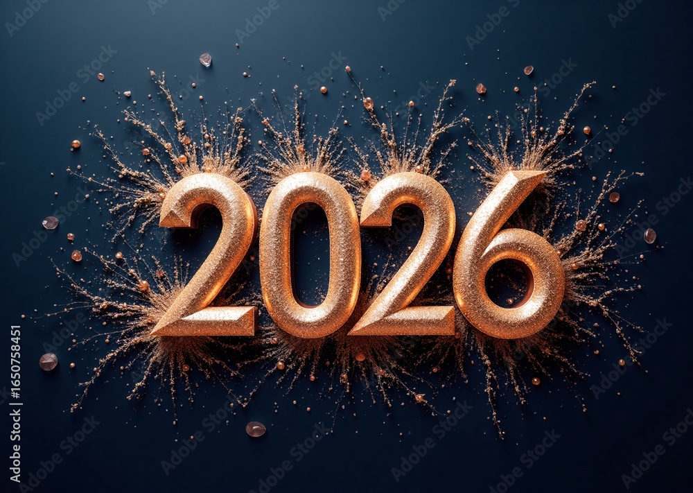 Poster golden 3d numbers for 2026 on a dark background, surrounded by an explosive shower of sparkling part