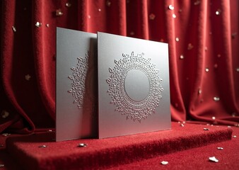 Elegant silver embossed cards on a red velvet stand, shimmering with golden confetti against a rich draped background.