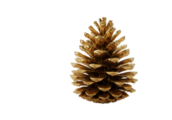 Meticulously crafted golden pine cone with prominent metallic sheen and intricate textures, static on a transparent minimalist surface with soft studio lighting, concept of luxury investment