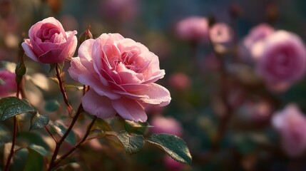 Obraz premium Delicate pink roses blooming in a soft, dreamy garden setting background