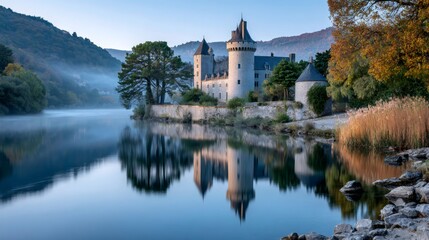 Obraz premium Medieval castle reflecting on serene lake during autumn sunrise