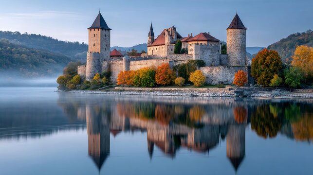 Zuzemberk castle reflecting on the krka river during a misty autumn morning