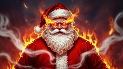 Intense fiery Santa Claus with glowing eyes and smoke erupting around him, creating a powerful holiday visual - Powered by Adobe