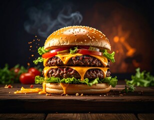 Delicious double cheeseburger on a wooden board