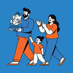 An illustration of a happy family carrying a Ganesha idol for the Ganesh Chaturthi festival.