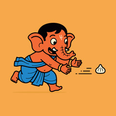 A playful and cute cartoon illustration of a young Ganesha running happily to catch a modak. This joyful and fun artwork is perfect for celebrating the Ganesh Chaturthi festival.