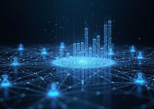 A glowing digital network illustrates data connectivity and user interaction, with central analytics represented by ascending bars.