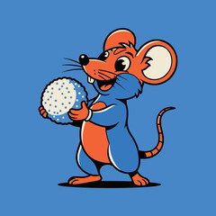 A playful cartoon illustration of Mushak, Lord Ganesha's loyal mouse companion, happily holding a ladoo.