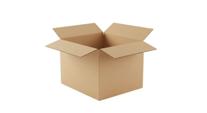 Pristine brown corrugated cardboard shipping box, top flaps slightly open, static on clean transparent studio background, soft studio lighting. Concept of future and discovery - Powered by Adobe