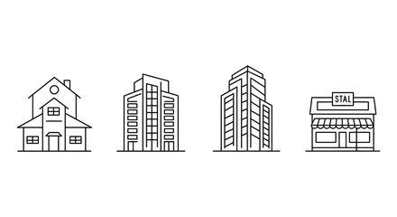 Minimalist Line Art Illustration of House Buildings and Storefront on White Background