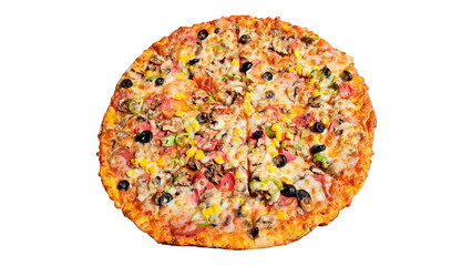 Large thin crust pizza with mixed ingredients