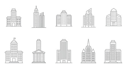 Collection of Minimalist City Building Icons in Black and White Outline Style