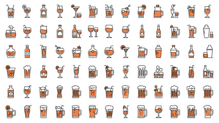 Diverse collection of alcoholic and non-alcoholic drinks in outline icon style