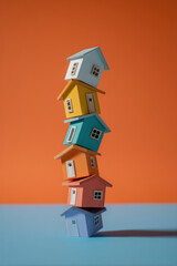 Stacked colorful houses symbolizing real estate, mortgage, and home ownership