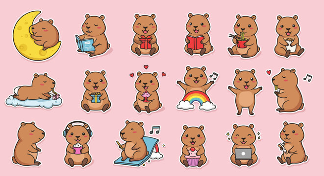  Set Sticker of Adorable Kawaii Chibi Capybara Characters