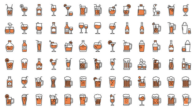 Diverse collection of alcoholic and non-alcoholic drinks in outline icon style