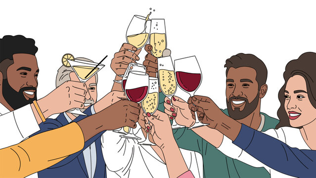 Diverse group celebrating with a toast raising their glasses filled with drinks
