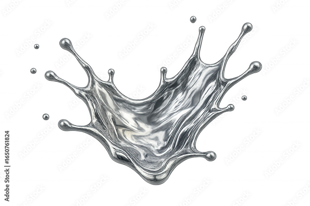 Poster metallic liquid dramatically splashing, revealing dynamic motion with glossy reflective surface agai