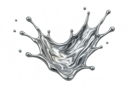 Metallic liquid dramatically splashing, revealing dynamic motion with glossy reflective surface against clean transparent backdrop