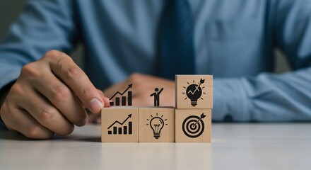 Businessman Stacking Wooden Blocks with Growth, Innovation, and Target Icons Representing Business Strategy, Leadership, and Goal Achievement
