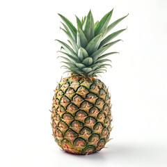 Obraz premium A whole ripe pineapple with a green leafy crown, isolated on white background, displaying its unique textured skin and tropical appeal, ideal for juices and healthy snacks