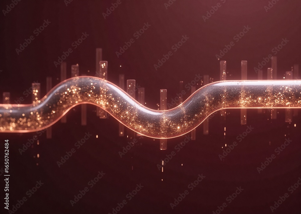 Poster a glowing, wavy conduit pulsating with bright energy particles, surrounded by abstract data visualiz