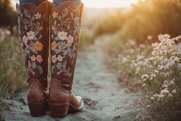 Embroidered western boots on flower-lined path at sunset