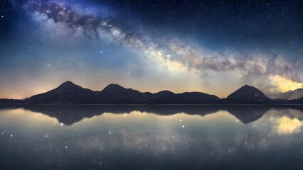 Misty morning sun rises over snow-capped mountains and a calm lake, creating a vibrant, colorful landscape