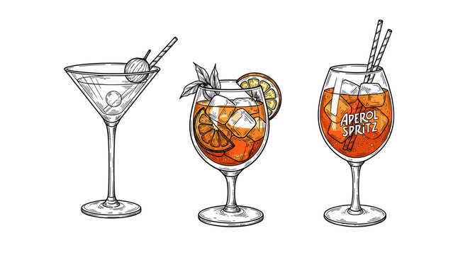 Elegant Hand-Drawn Aperol Spritz Cocktails on a White Background Illustration