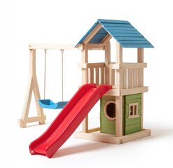 Wooden playhouse with swing and slide