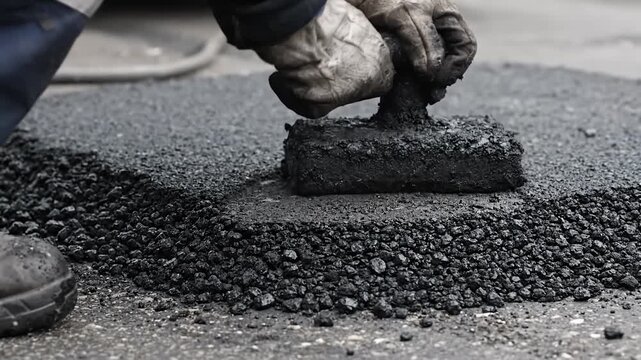 Road worker compacting hot asphalt for street repair