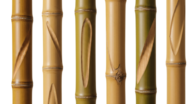 A collection of various bamboo stalks with natural textures and carved patterns isolated on a white background.