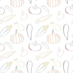 Seamless pattern for textile printing, vegetables and fruits on the white background 