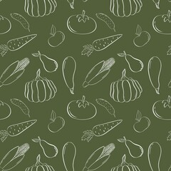 Seamless pattern for fabric print, vegetables and fruits on the dark green background 