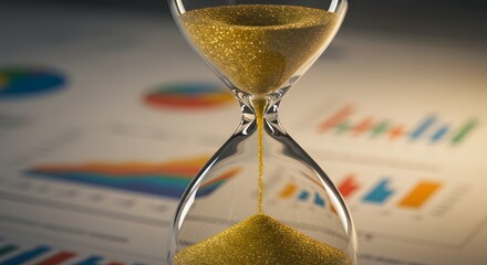 Golden sand hourglass flowing with blur business charts in background symbolizing time management, deadline, financial planning, and investment strategy