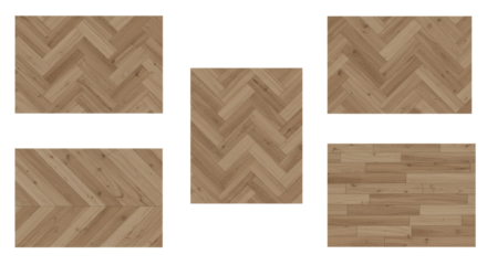 Set of realistic light brown wood parquet flooring samples with various patterns, isolated on a white background.