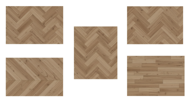 Set of realistic light brown wood parquet flooring samples with various patterns, isolated on a white background.